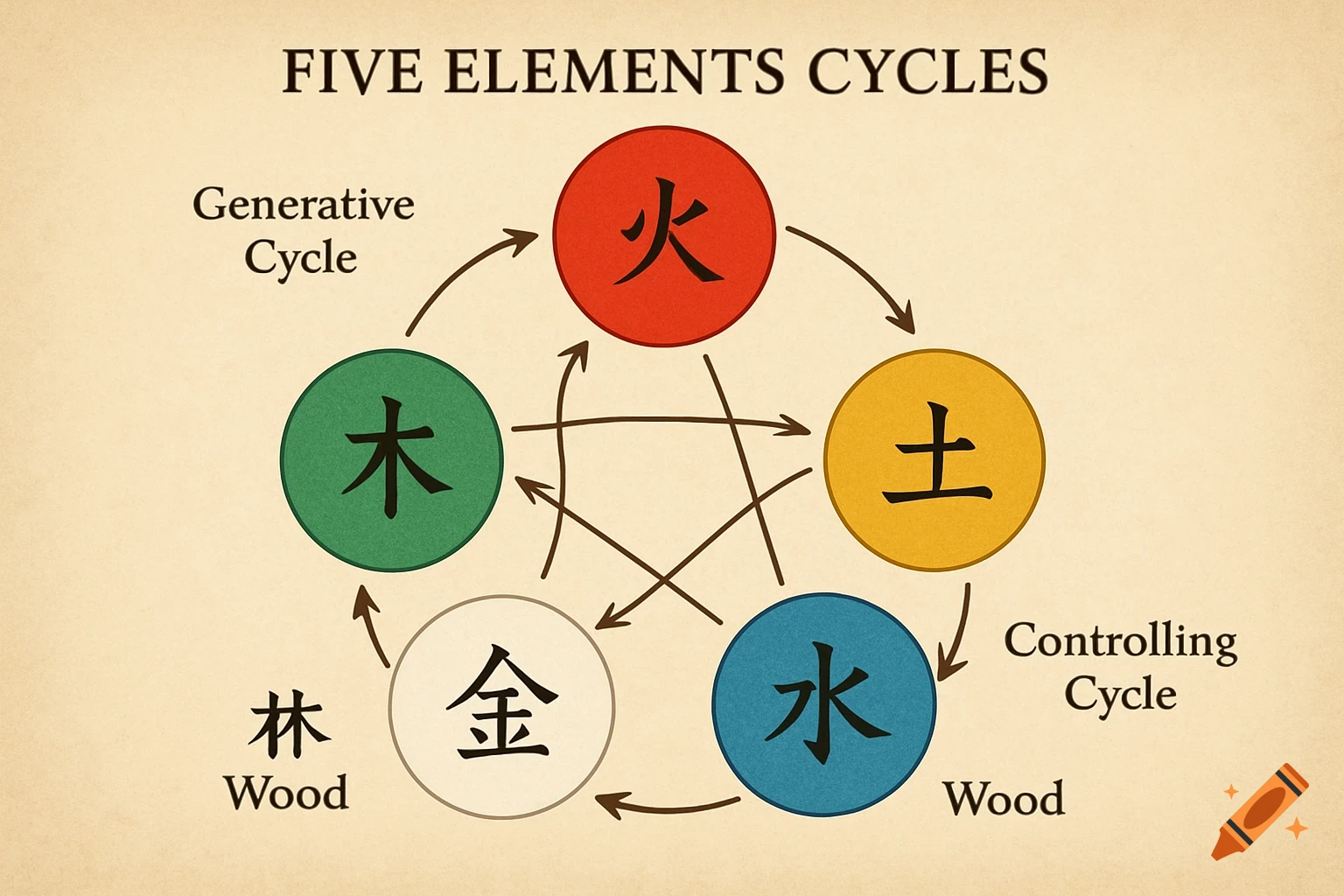 A diagram titled 'FIVE ELEMENTS CYCLES' showing five colored circles connected by generative and controlling arrows, with Chinese characters for Fire, Earth, Metal, Water, and Wood, along with English labels.