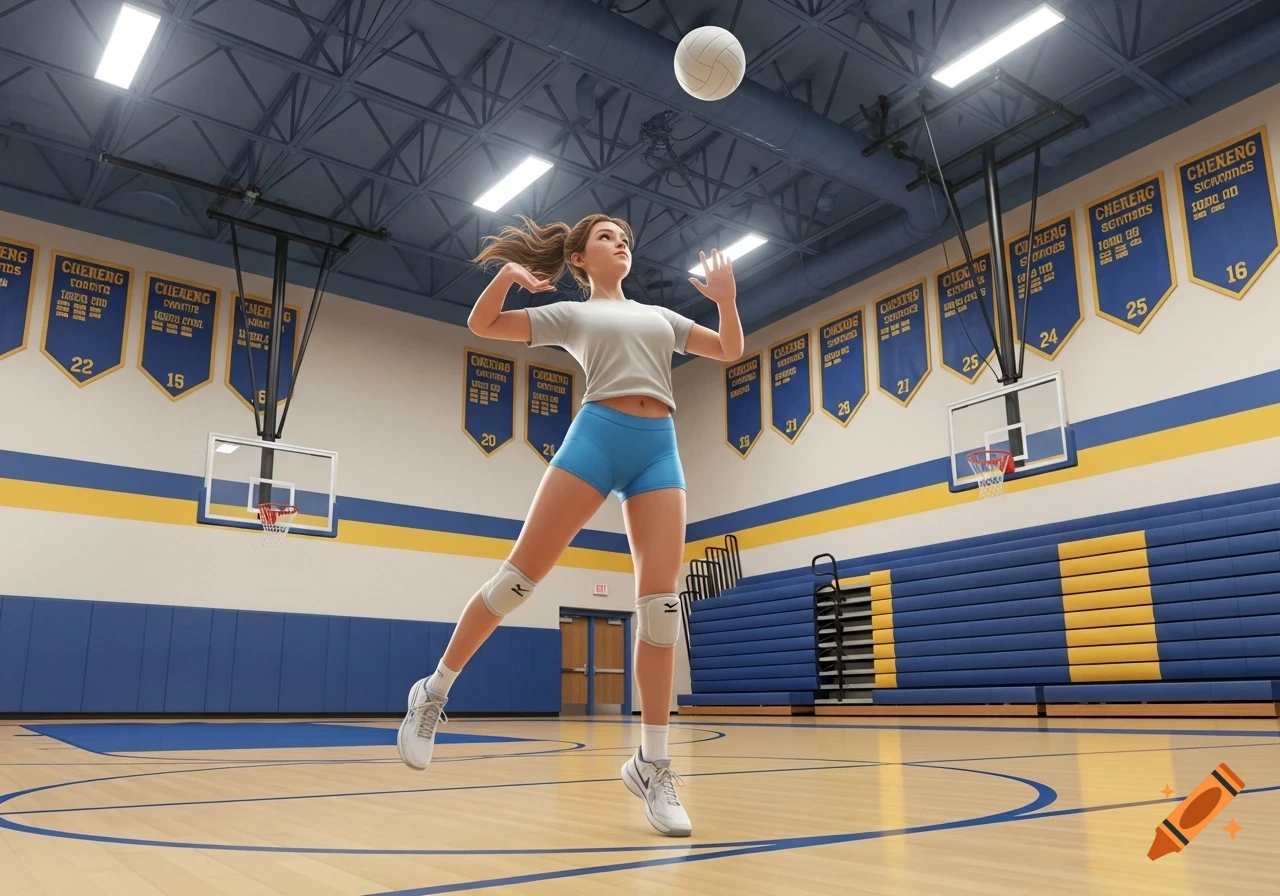 A photorealistic image of a female volleyball player in a gym, preparing to hit a ball.