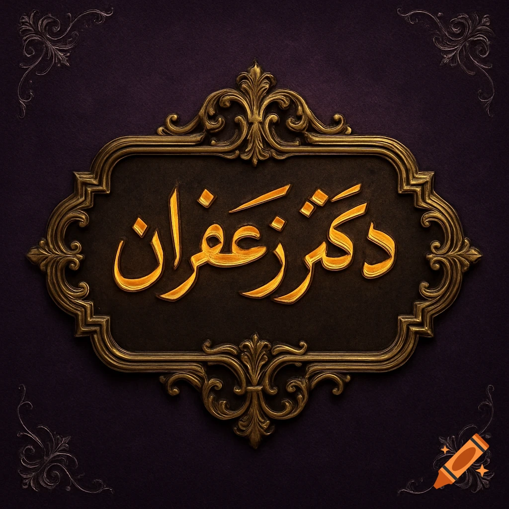 Golden Arabic script reading "Dr. Zafaran" on a dark brown plaque with ornate gold frame, set against a textured dark purple background.