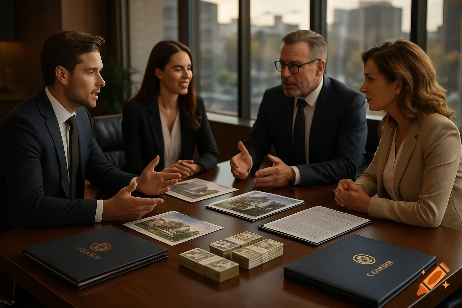 Four business professionals discuss around a table with money, properties, and documents in a formal meeting setting.