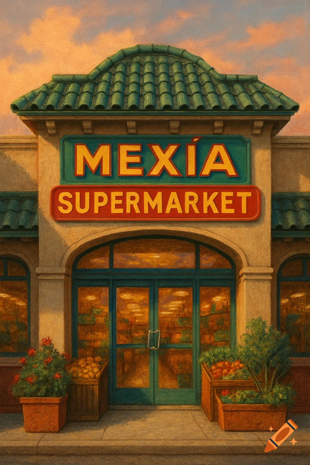Painterly facade of a 'MEXÍA SUPERMARKET' with a green tiled roof, potted plants, and an orange sunset sky.