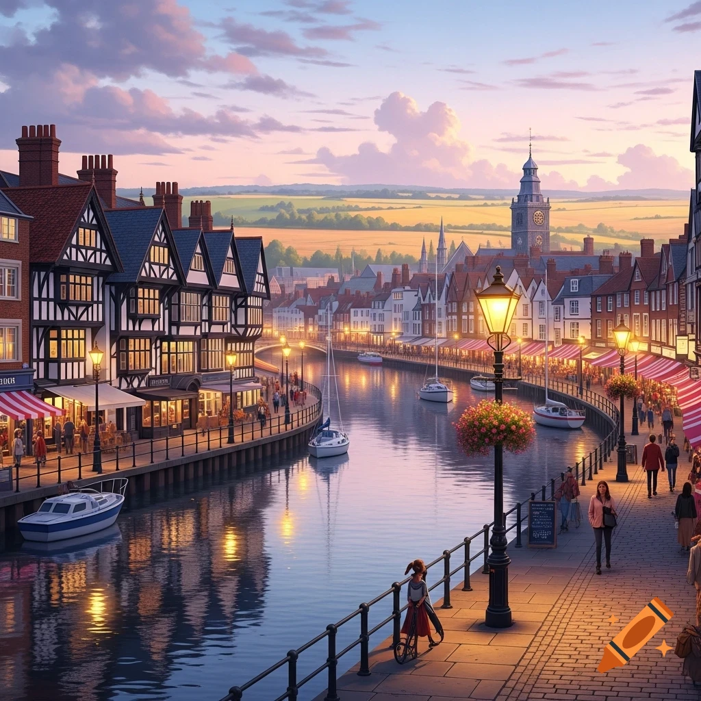 A beautiful, vibrant painting of a bustling European city with a river flowing through it at sunset. Half-timbered buildings line the left bank, and shops with striped awnings fill both sides. People stroll along the cobblestone pathways, and boats are docked on the water, reflecting the warm glow of streetlights and the colorful sky.