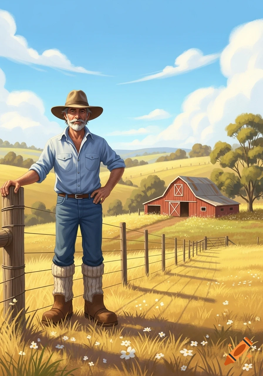 A bearded farmer in a hat and woolly socks leans on a fence in a sunny, golden field with a red barn.