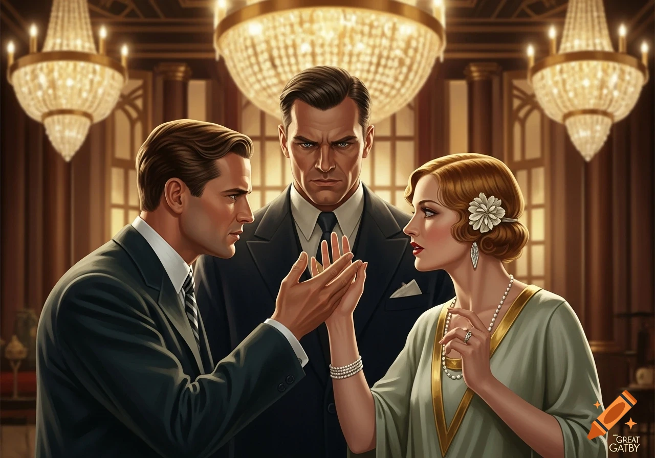 Dramatic illustration of three people in 1920s attire in a lavish ballroom; one man reaches for a woman, another stands between them.