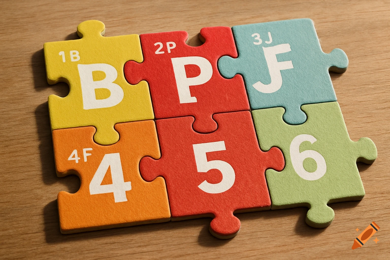 Six colorful jigsaw puzzle pieces with letters and numbers on a wooden table, featuring B, P, J, F, 5, and 6.