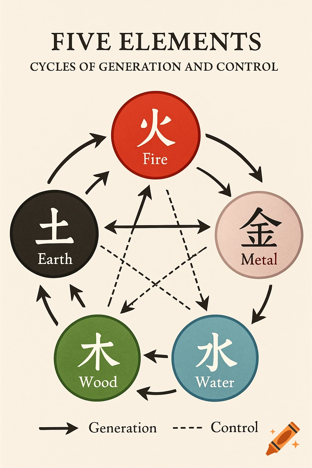 A diagram illustrating the Five Elements (Fire, Earth, Metal, Water, Wood) with cycles of generation and control shown by arrows.