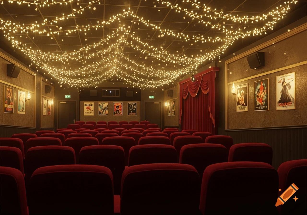 A vintage-style cinema hall with rows of red velvet seats facing a stage with red curtains, illuminated by numerous fairy lights strung across the ceiling.