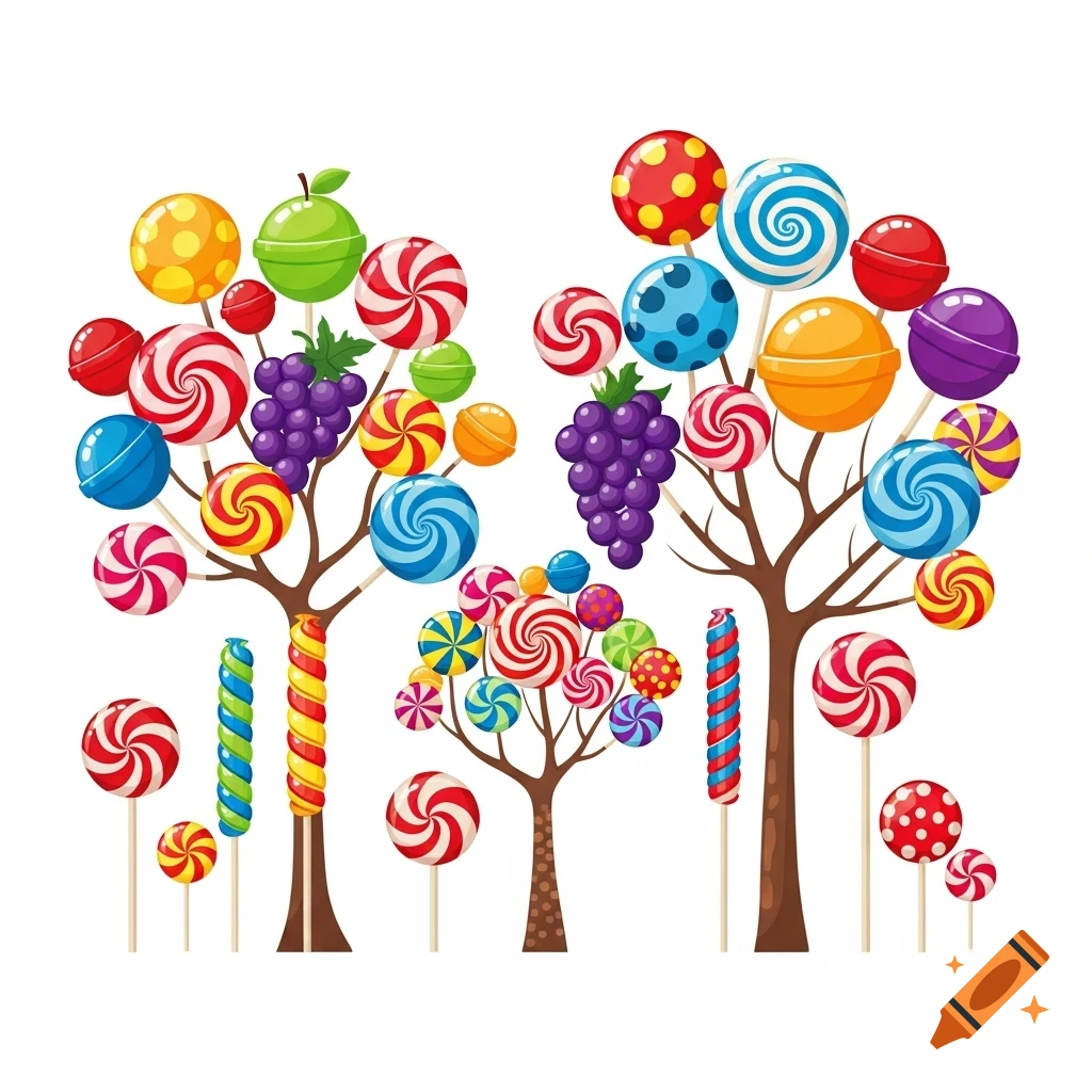 Clipart drawing of a whimsical forest with trees bearing colorful lollipops and grapes, on a white background.