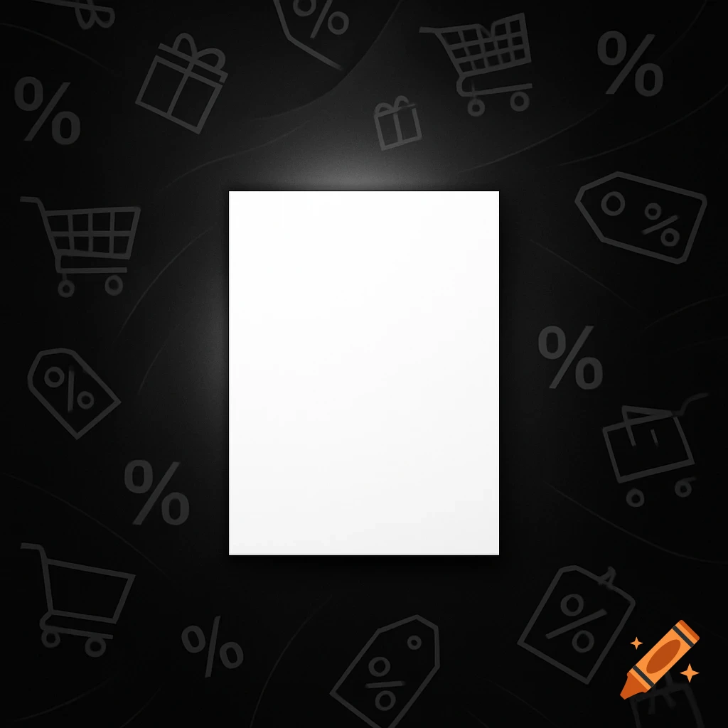 A black background with scattered outline icons of shopping carts, gift boxes, and percentage signs surrounding a central blank white rectangle.