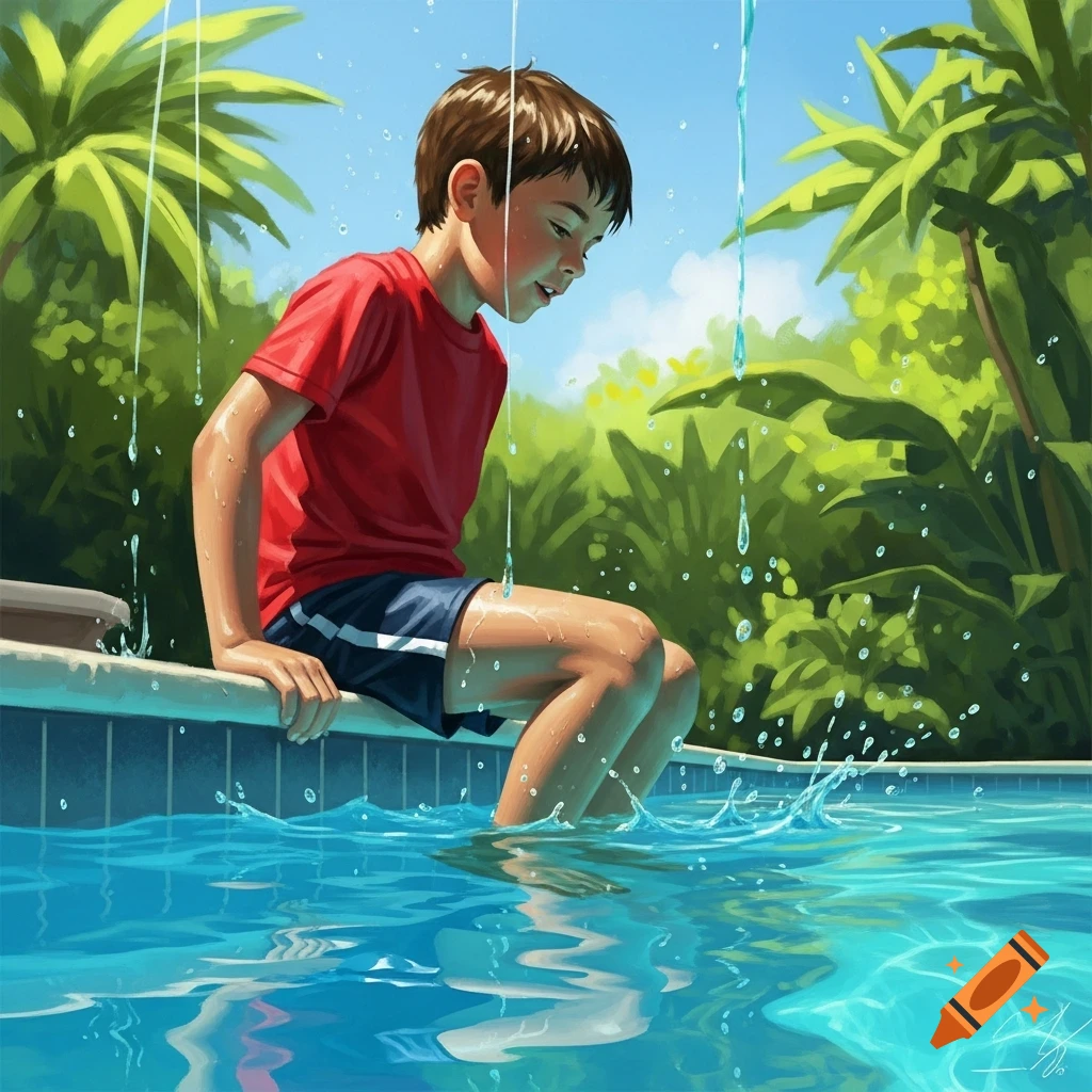 An illustrated scene of a young boy in red shirt and blue shorts sitting on a pool edge, dipping his feet in water. Sunny with palm trees.