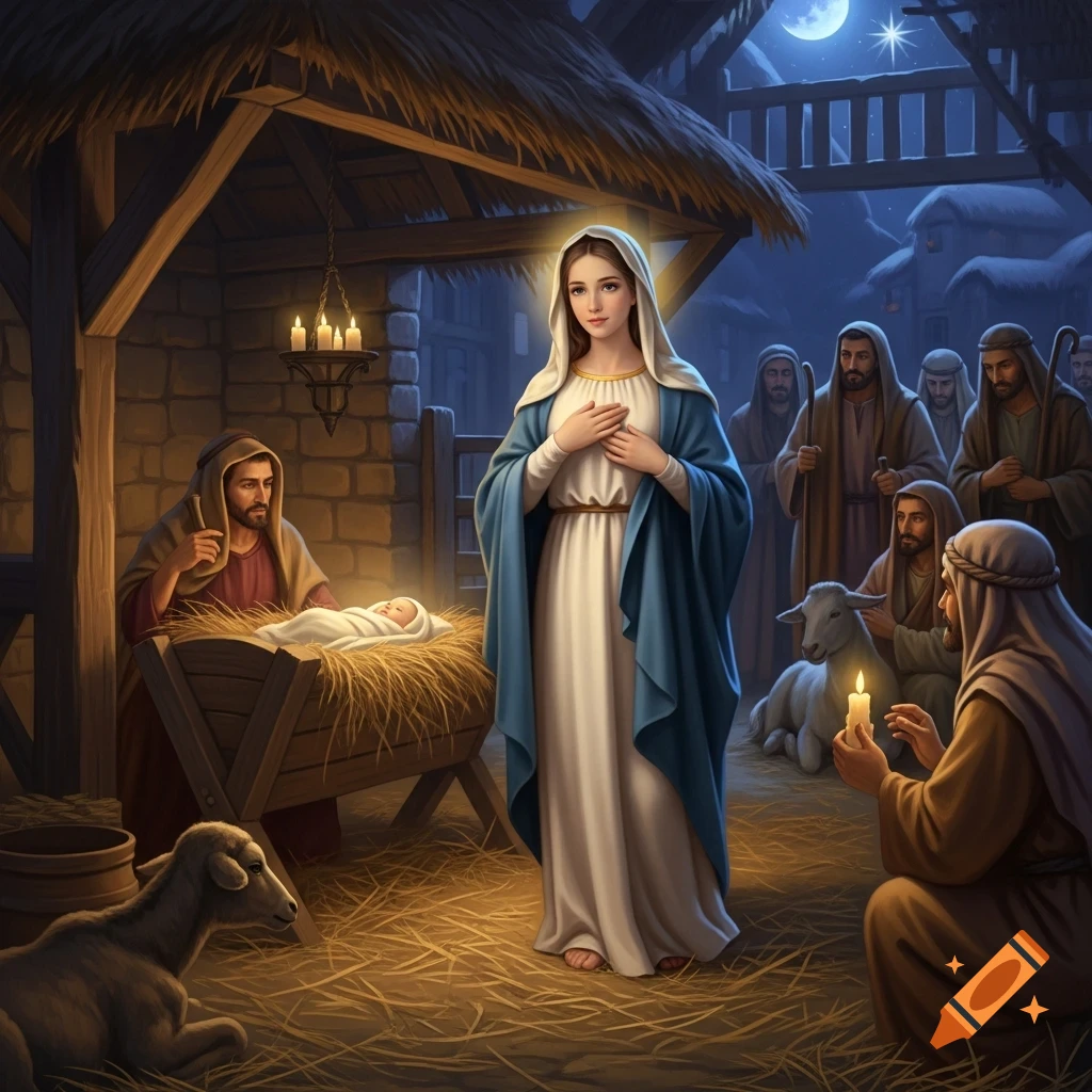 An illustrative Nativity scene at night with Mary, Joseph, and baby Jesus in a manger, surrounded by adoring shepherds and a lamb.