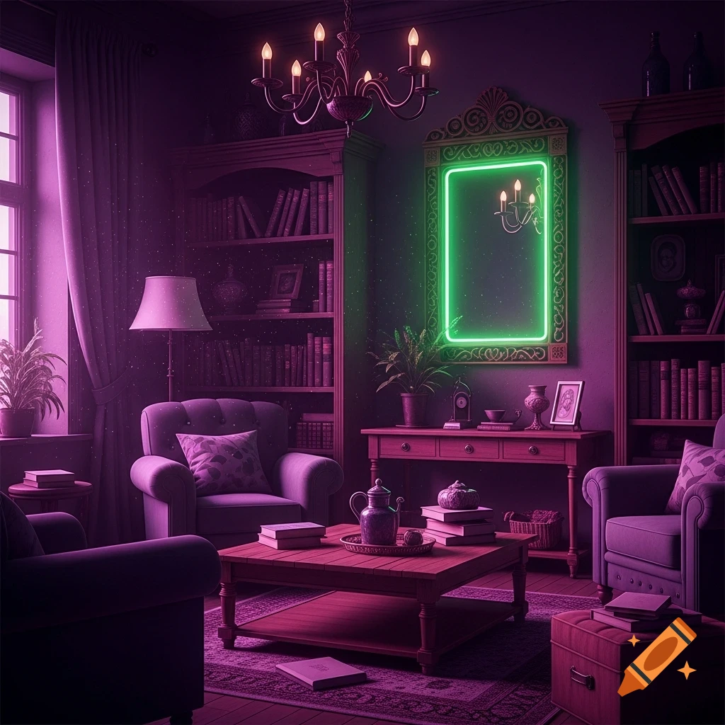 A purple-lit cozy room featuring bookshelves, armchairs, a coffee table, and a mirror framed with vibrant neon green light.