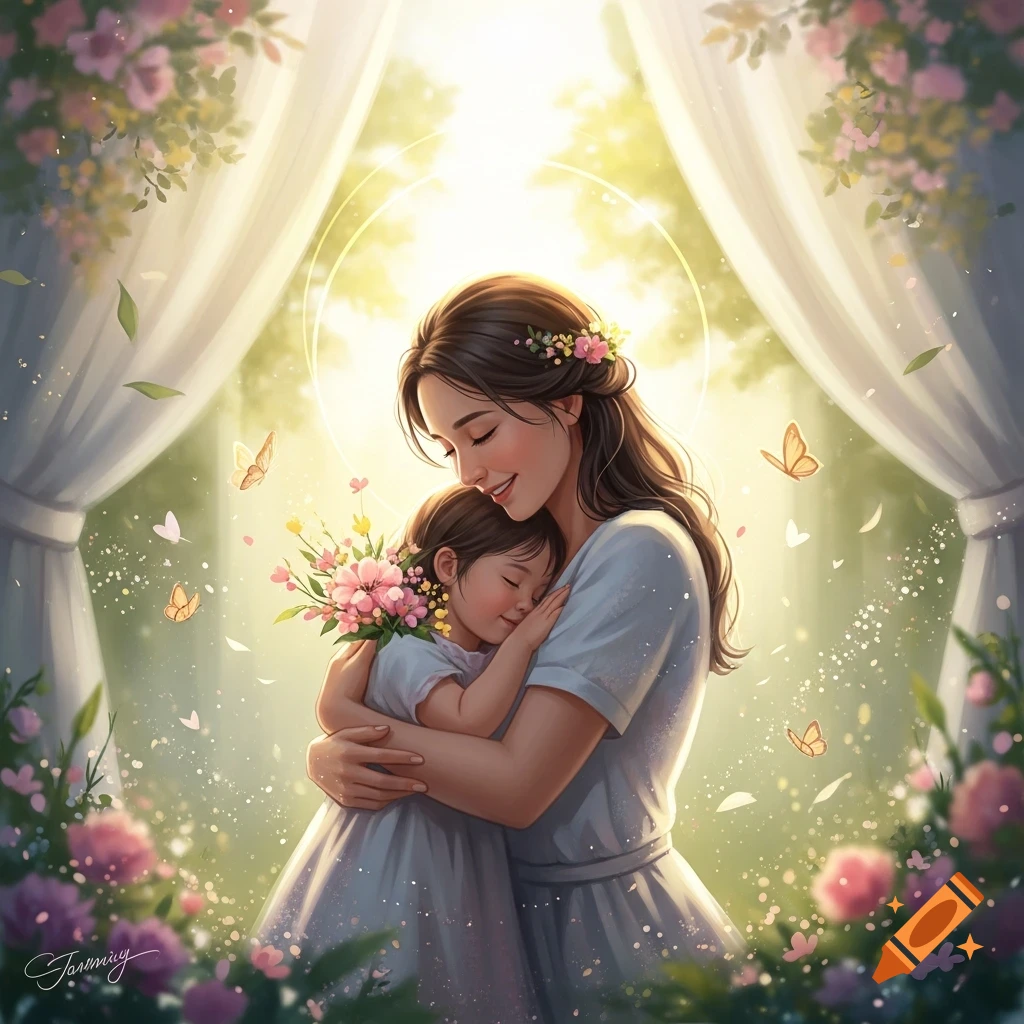 Ethereal illustration of a loving mother embracing her child holding flowers in a bright, dreamy garden with butterflies.