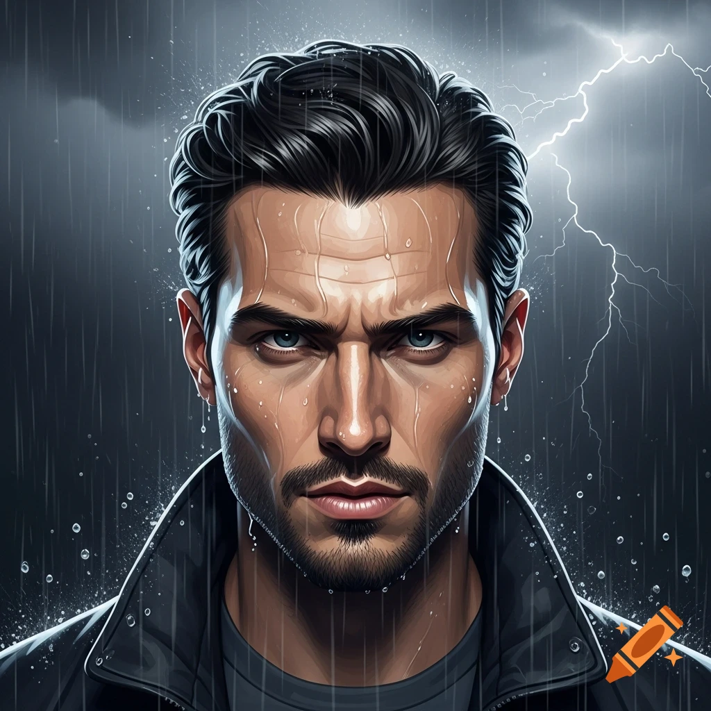 Digital art portrait of a serious man with dark hair and beard, covered ...