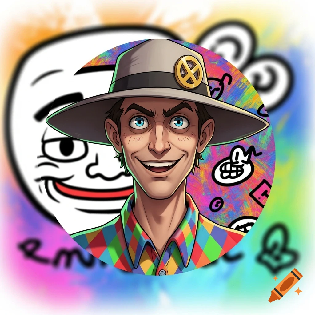 Cartoon man in a hat with a wide grin, wearing a colorful checkered shirt, against a blurred background with a troll face meme.