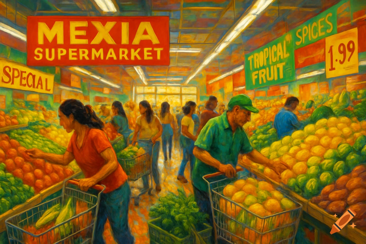 A painterly image of a bustling supermarket aisle filled with shoppers browsing colorful produce like fruits and vegetables, under signs reading 'Mexia Supermarket'.