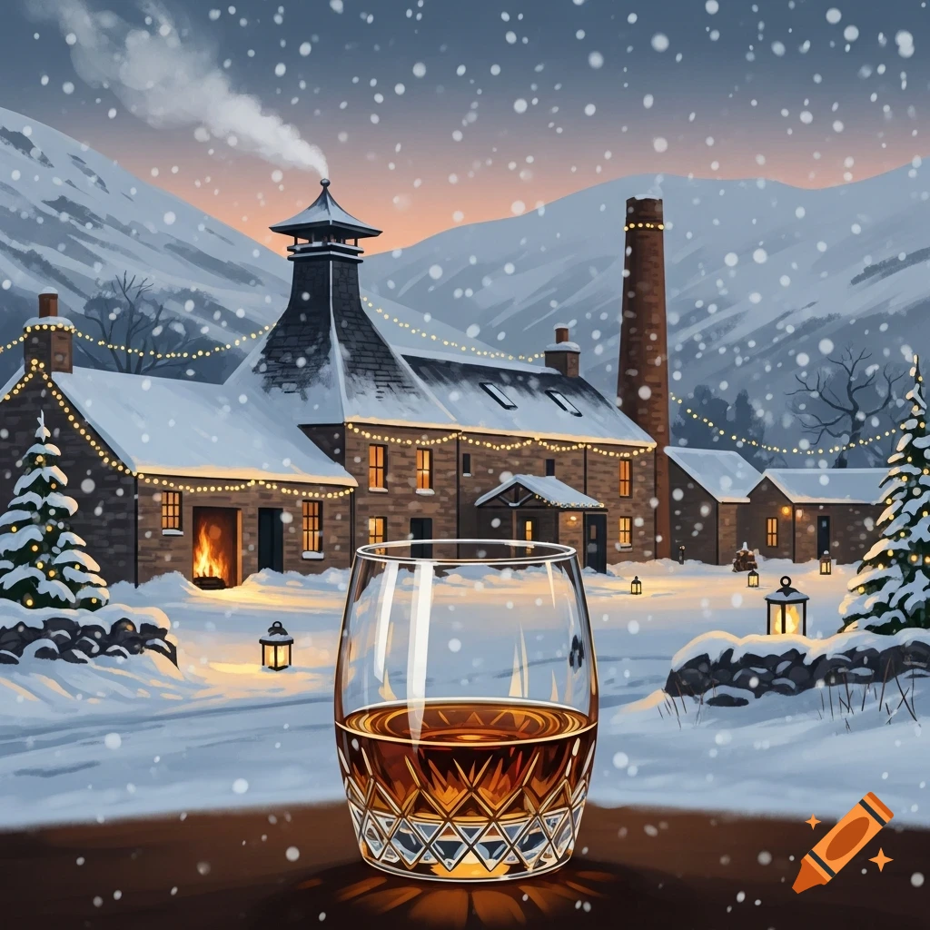 A snowy Scottish distillery building adorned with festive Christmas lights, with a whisky glass in the foreground.