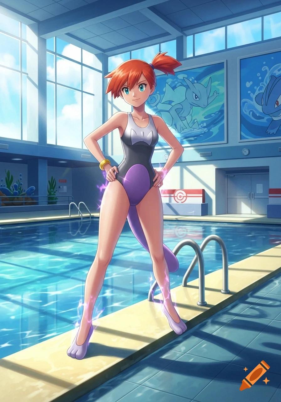 Misty from Pokemon in a Mewtwo swimsuit stands proudly by a swimming pool in an anime art style.