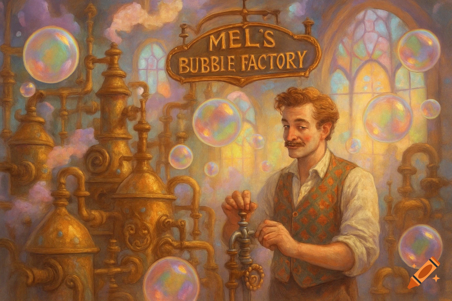 A man with a mustache operates intricate golden machinery in "Mel's Bubble Factory", surrounded by iridescent bubbles, in a painterly style.