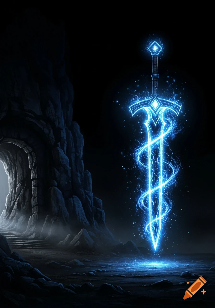 A glowing blue sword stands upright emitting sparks in a dark cave with a brightly lit entrance.