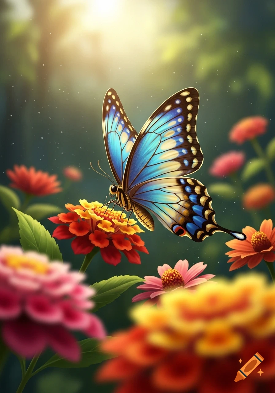 Vibrant blue and brown butterfly perched on red and yellow flowers in a sunny garden.