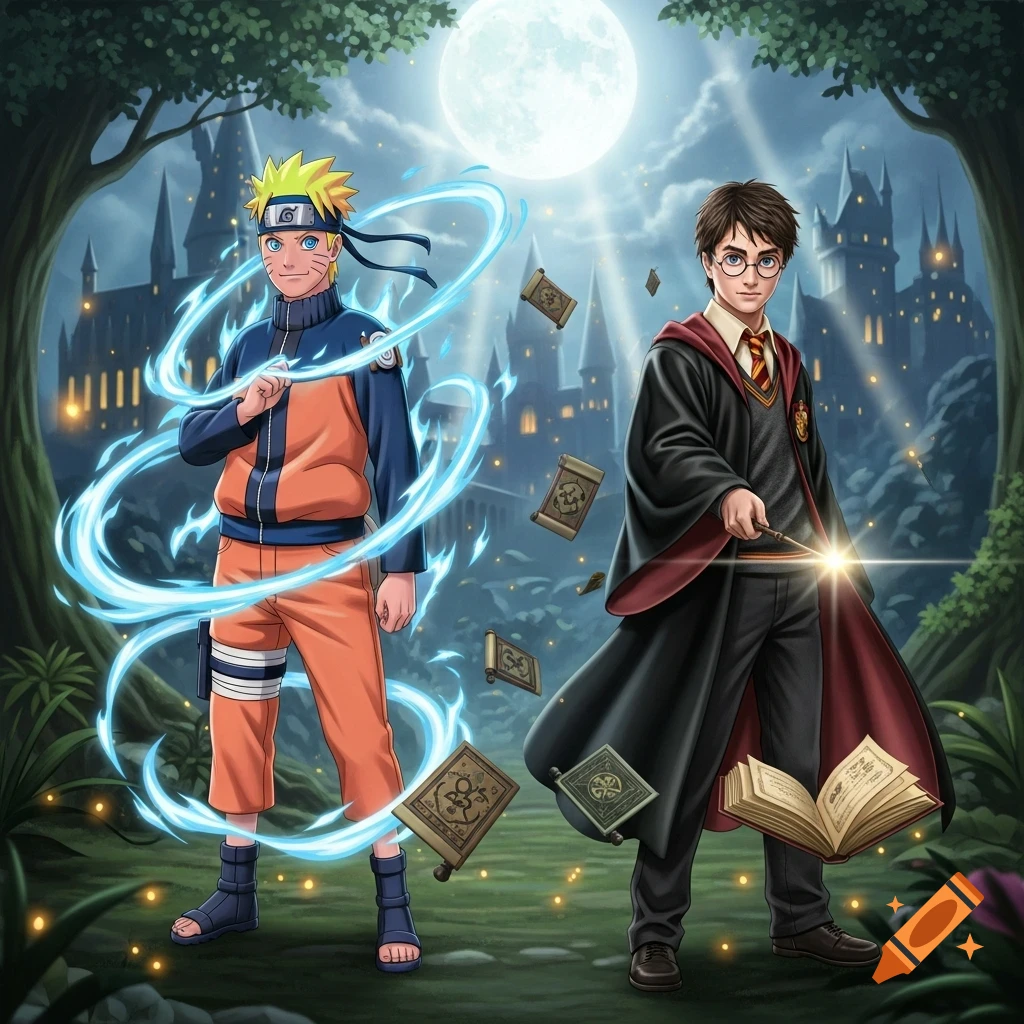 Naruto and Harry Potter stand in a moonlit fantasy forest, Naruto with blue energy, Harry with a glowing wand, floating magical scrolls nearby.