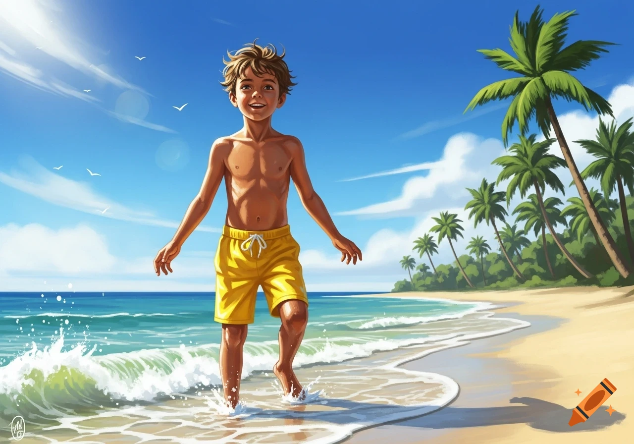 Cartoon of a smiling boy in yellow swim shorts walking on a tropical beach with waves and palm trees.
