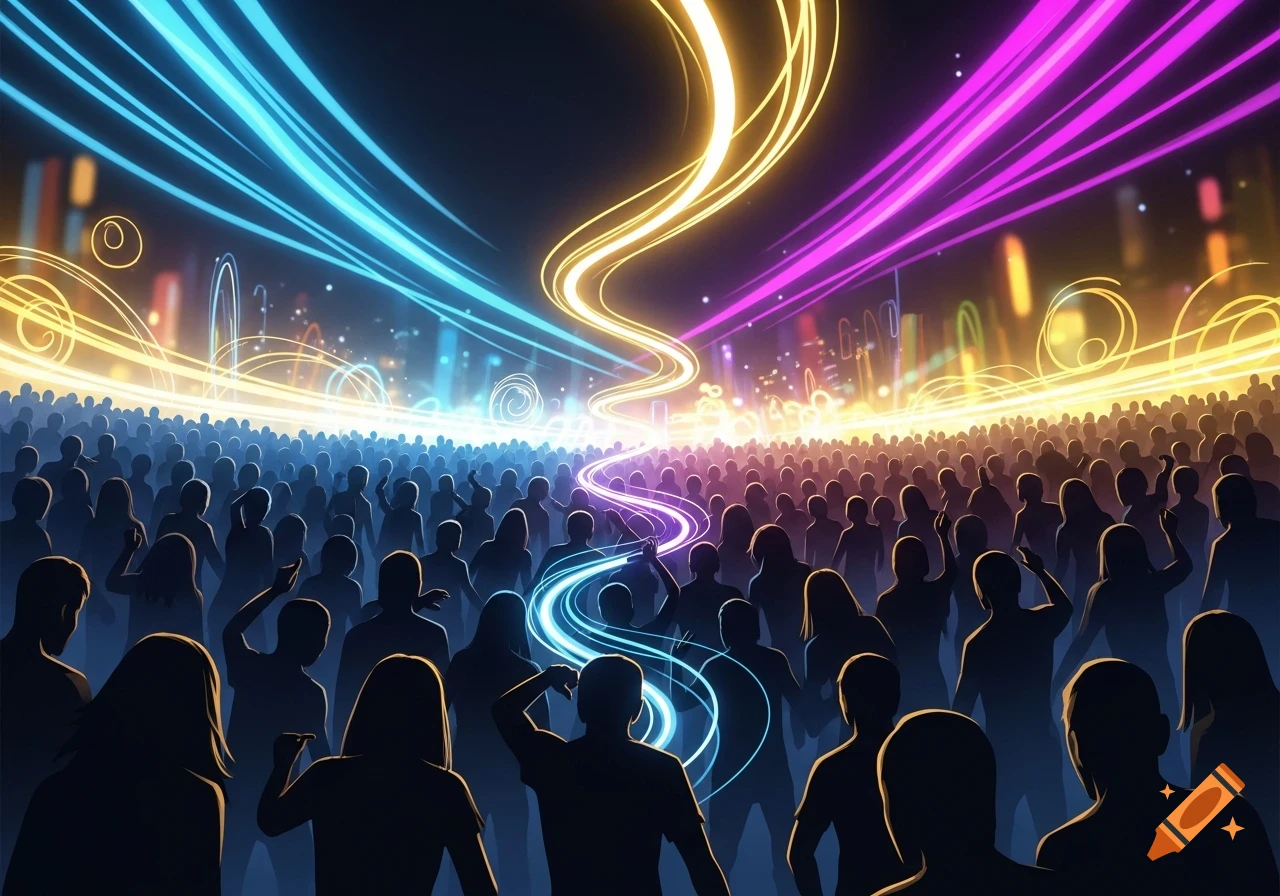 Silhouettes of a dancing crowd at a concert under dynamic blue, yellow, and magenta glowing lights.