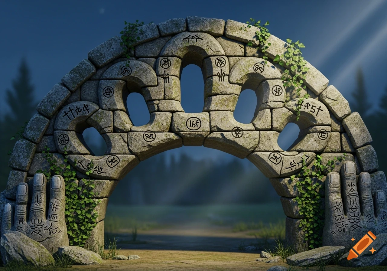 An ancient stone archway adorned with symbolic carvings and ivy stands in a misty forest.