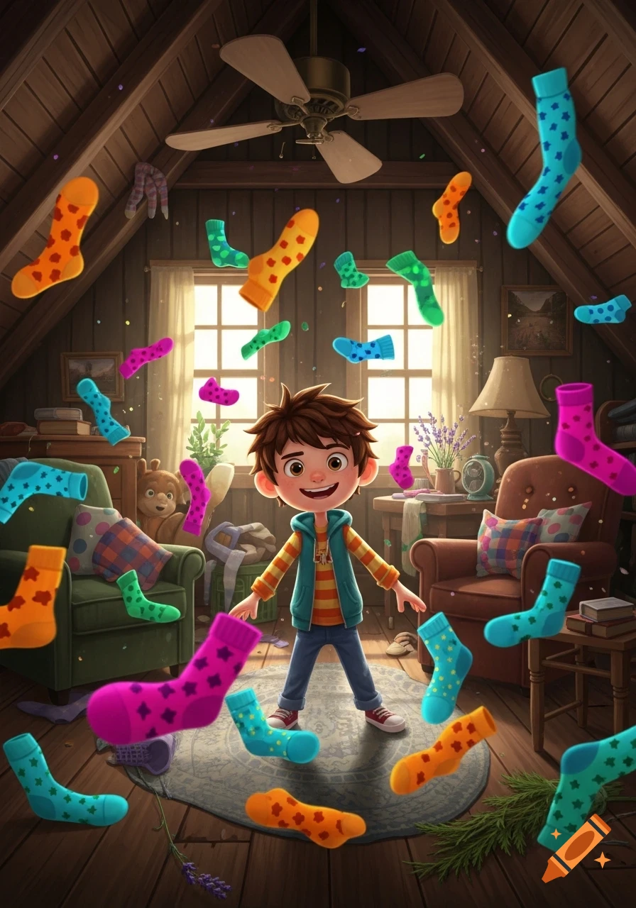 A happy cartoon boy stands in a cozy attic, smiling amidst a flurry of colorful, patterned socks floating around him.