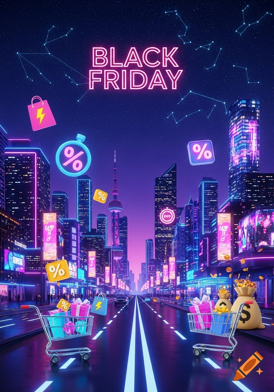 A vibrant neon cyberpunk cityscape at night with 'BLACK FRIDAY' text in the sky, featuring glowing shopping carts, bags, and percentage icons.