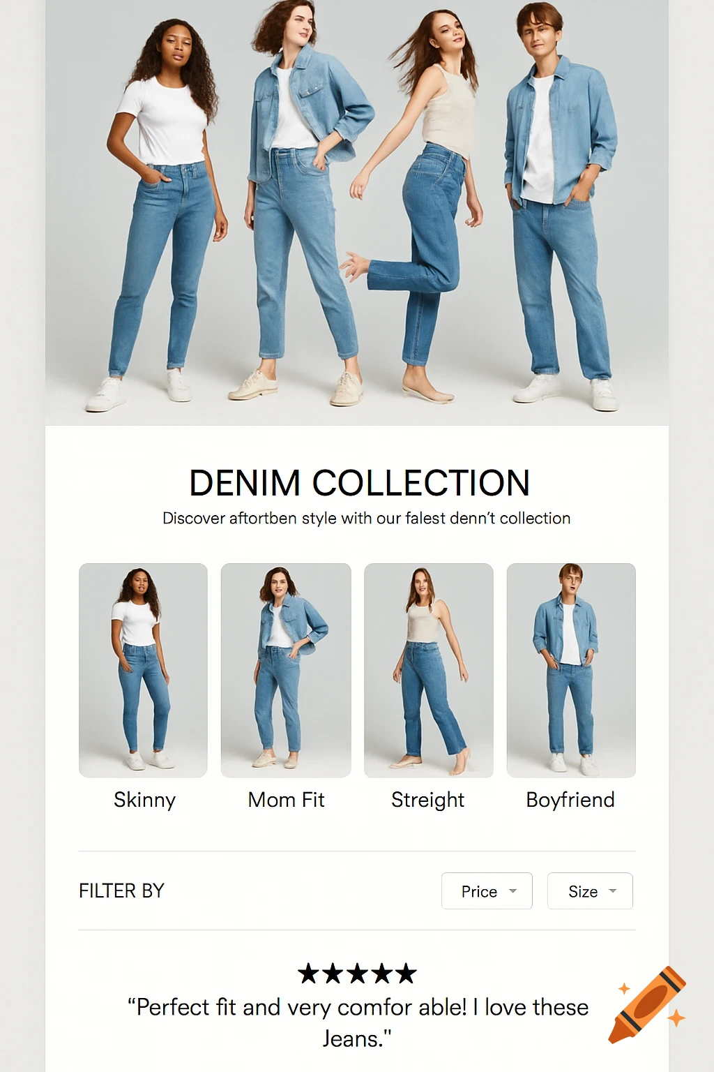 An e-commerce webpage for denim jeans, featuring four models in different styles, product categories, filters, and a customer review section.