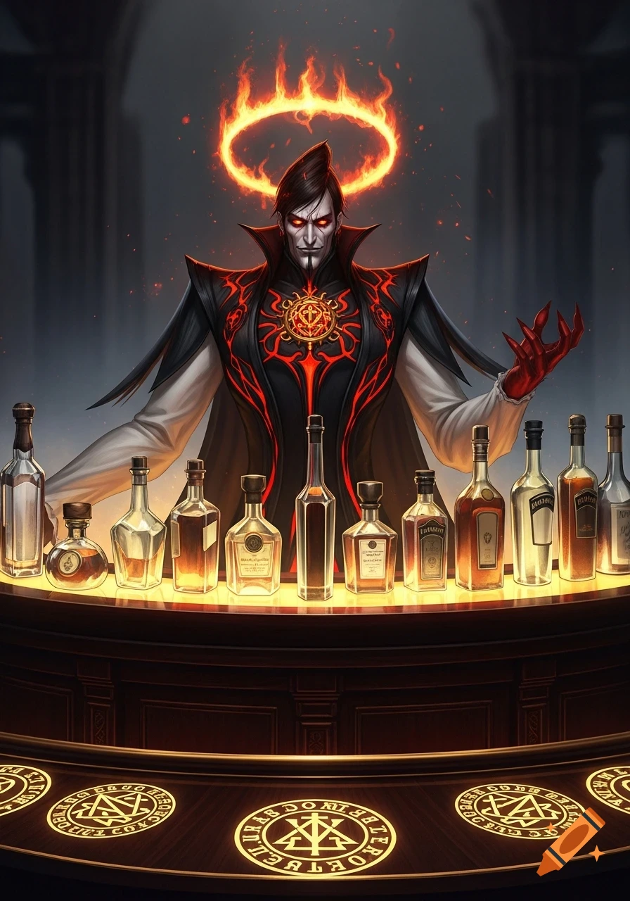A demonic figure with a fiery halo and red claws stands behind a bar lined with glowing bottles and occult symbols.