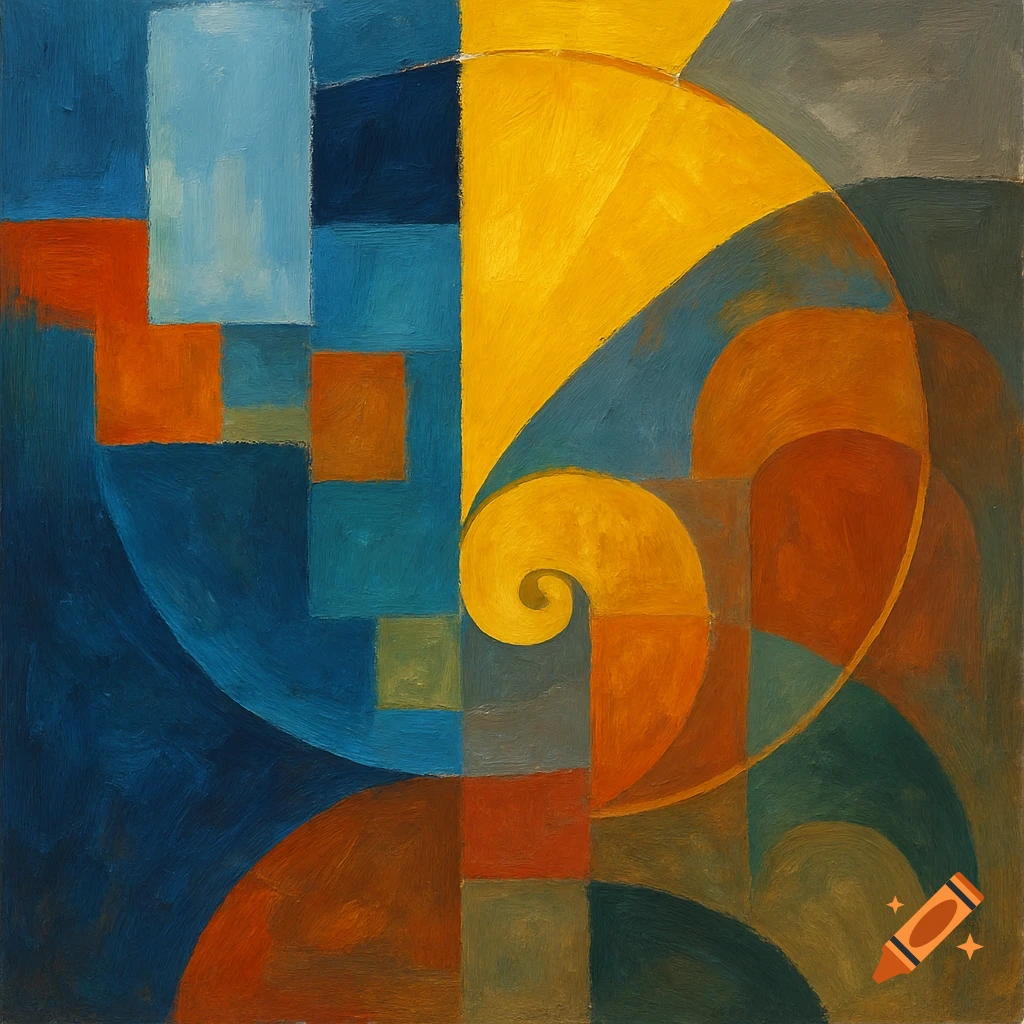 Abstract painting with a golden spiral, geometric blocks, and curved shapes in contrasting cool blue, green, warm yellow, and orange tones.