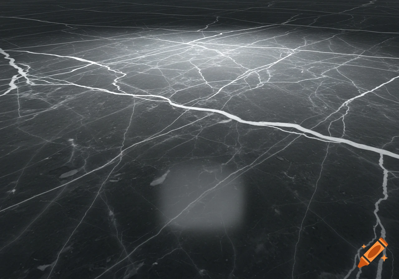 A dark, cracked marble surface with bright white veins and a subtle reflection.