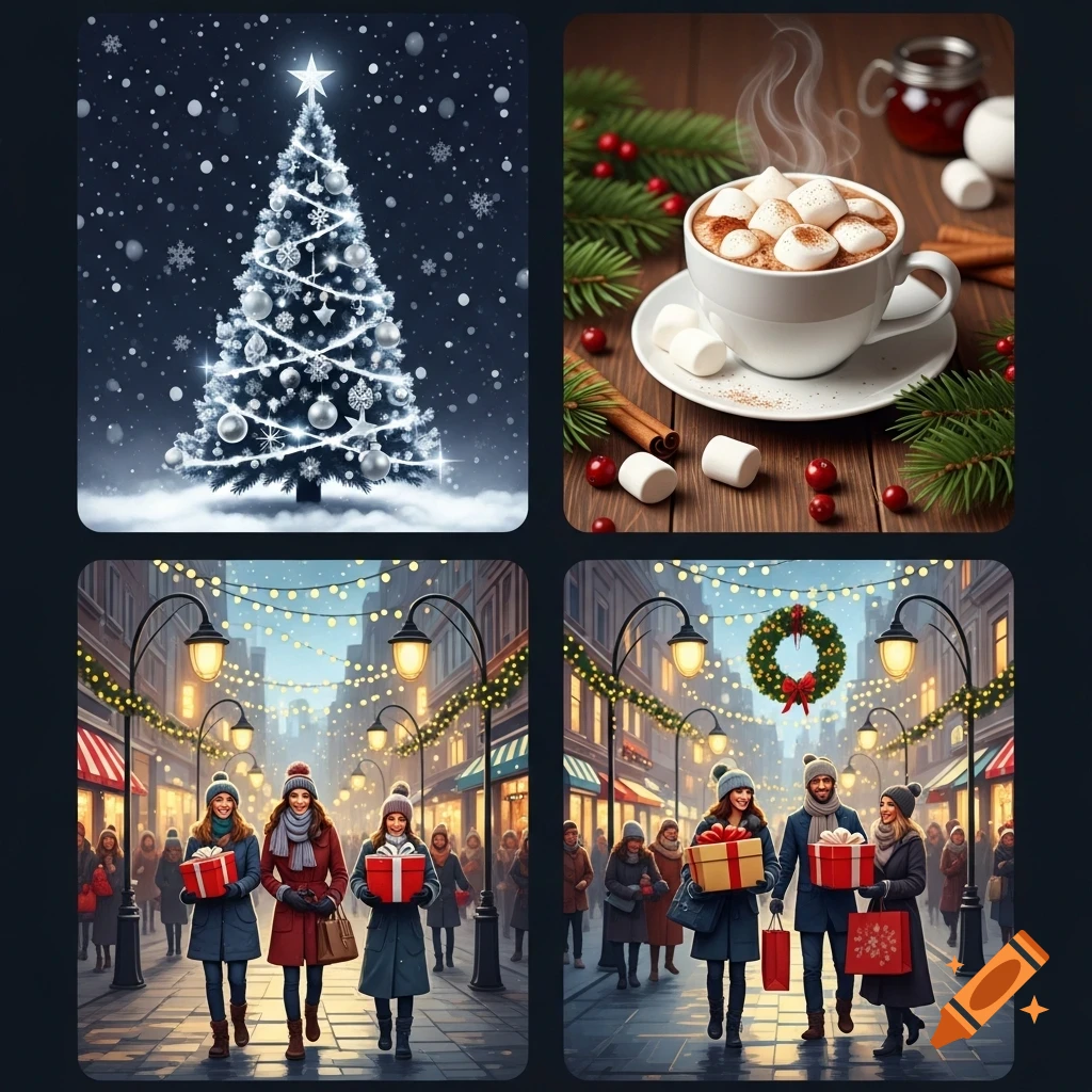 A four-panel image showing winter and Christmas themes: a snowy Christmas tree, hot cocoa with marshmallows, and two street scenes of people shopping for gifts under festive lights.