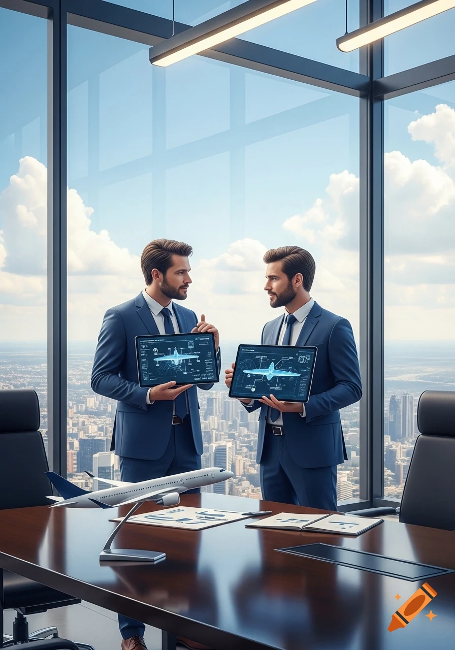 Two businessmen in suits discuss airplane schematics on tablets in a modern high-rise office with a city skyline view, a model airplane on the table.