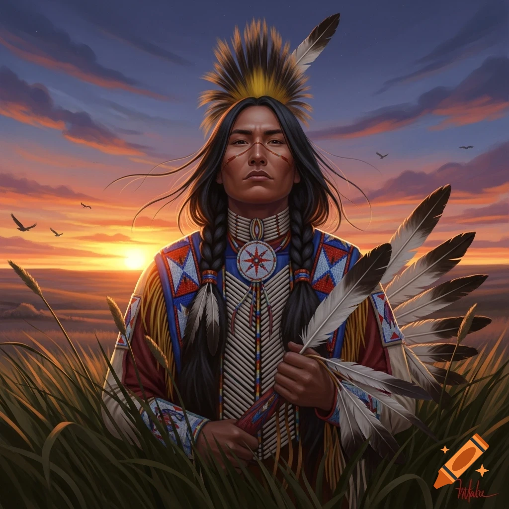 A Native American man in traditional attire with a feather headdress and braids, holding feathers, stands in tall grass at sunset.