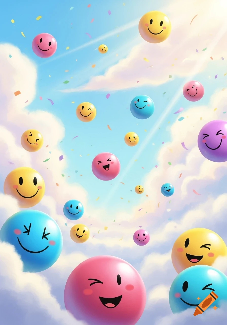 Colorful smiley face balls float upward through a bright blue sky with white clouds and falling confetti.