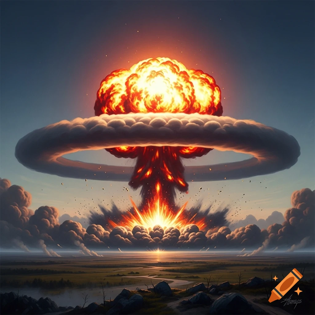 A massive, fiery nuclear mushroom cloud rises high above a flat, desolate landscape under a dramatic sky.