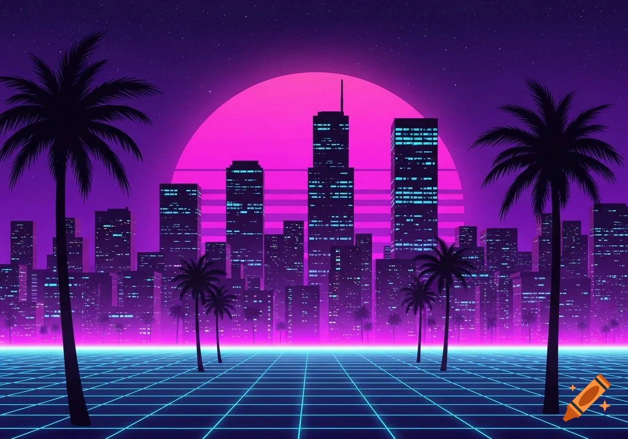 Synthwave night cityscape with neon lights, palm tree silhouettes, a large pink sun, and a blue grid ground, in an 80s retro style.