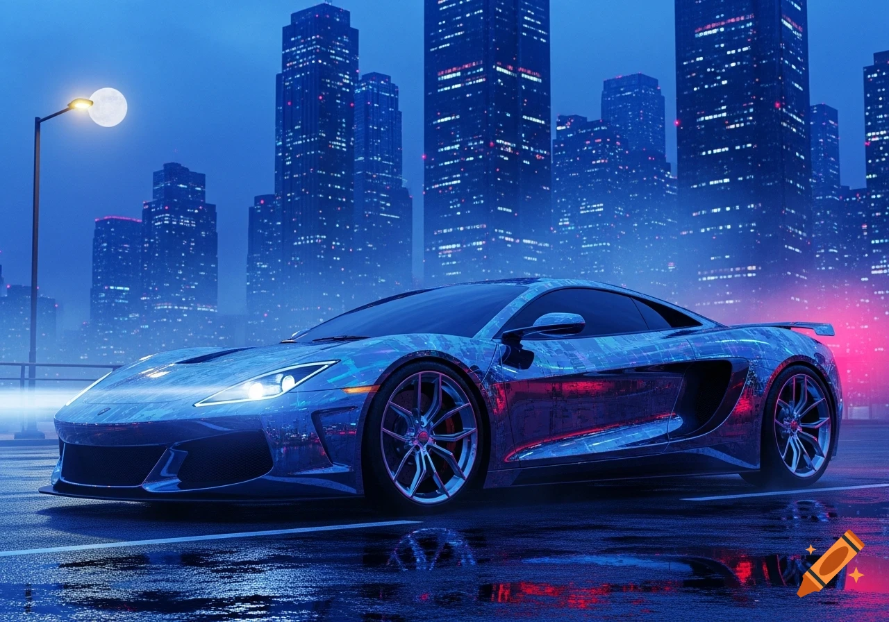 A sleek blue sports car with glowing headlights parked on a wet street at night, in front of a neon-lit city skyline.