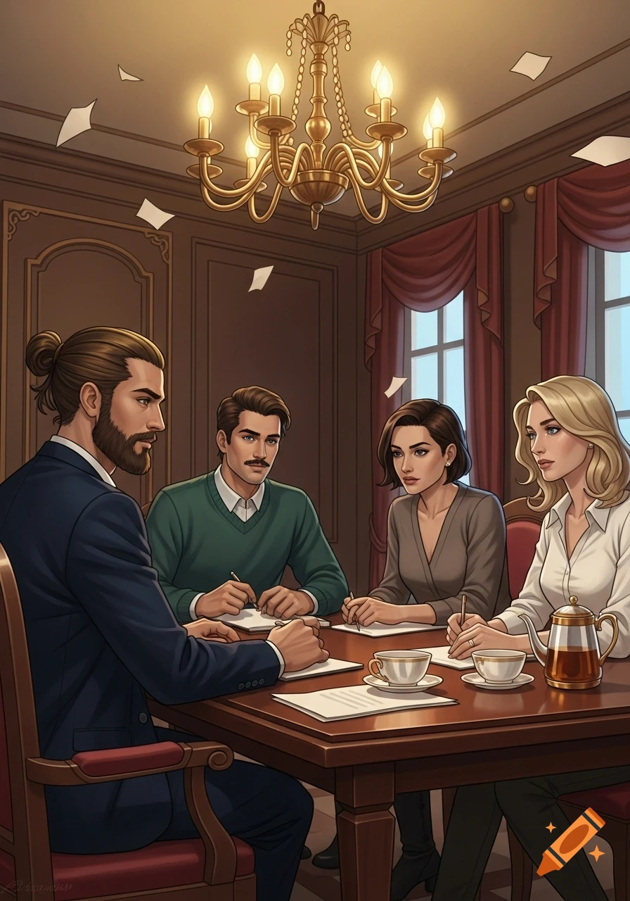 Four people, two men and two women, are seated at a wooden table, taking notes in a classic-style room with a chandelier and windows.