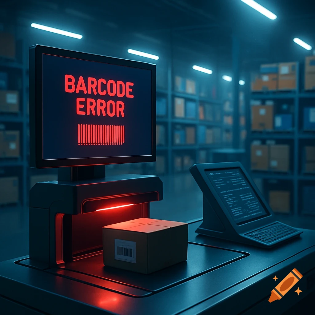 A barcode scanner with a red light displays 'BARCODE ERROR' on its screen in a dark warehouse, a package on the conveyor belt.