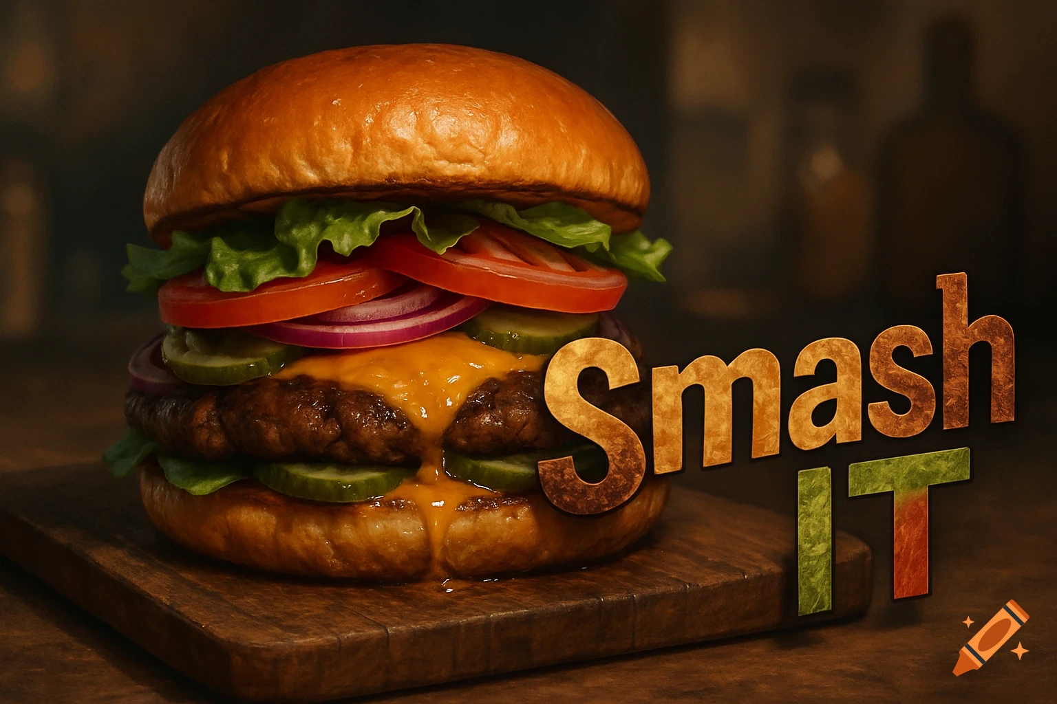 A photorealistic smash burger with melted cheese and fresh vegetables on a wooden board, next to "Smash IT" text.