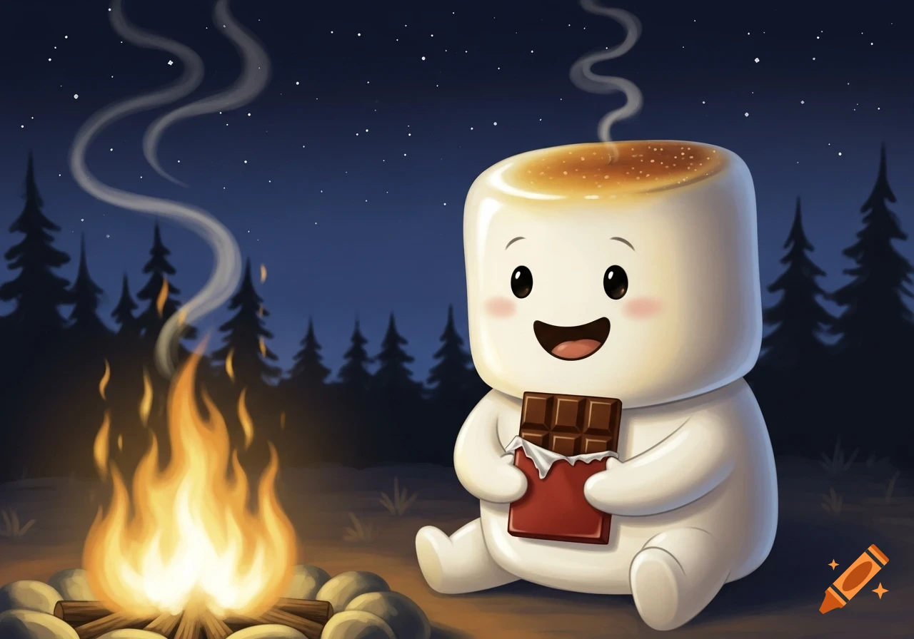 A cute, happy marshmallow character sits by a campfire at night, holding a chocolate bar under a starry sky.