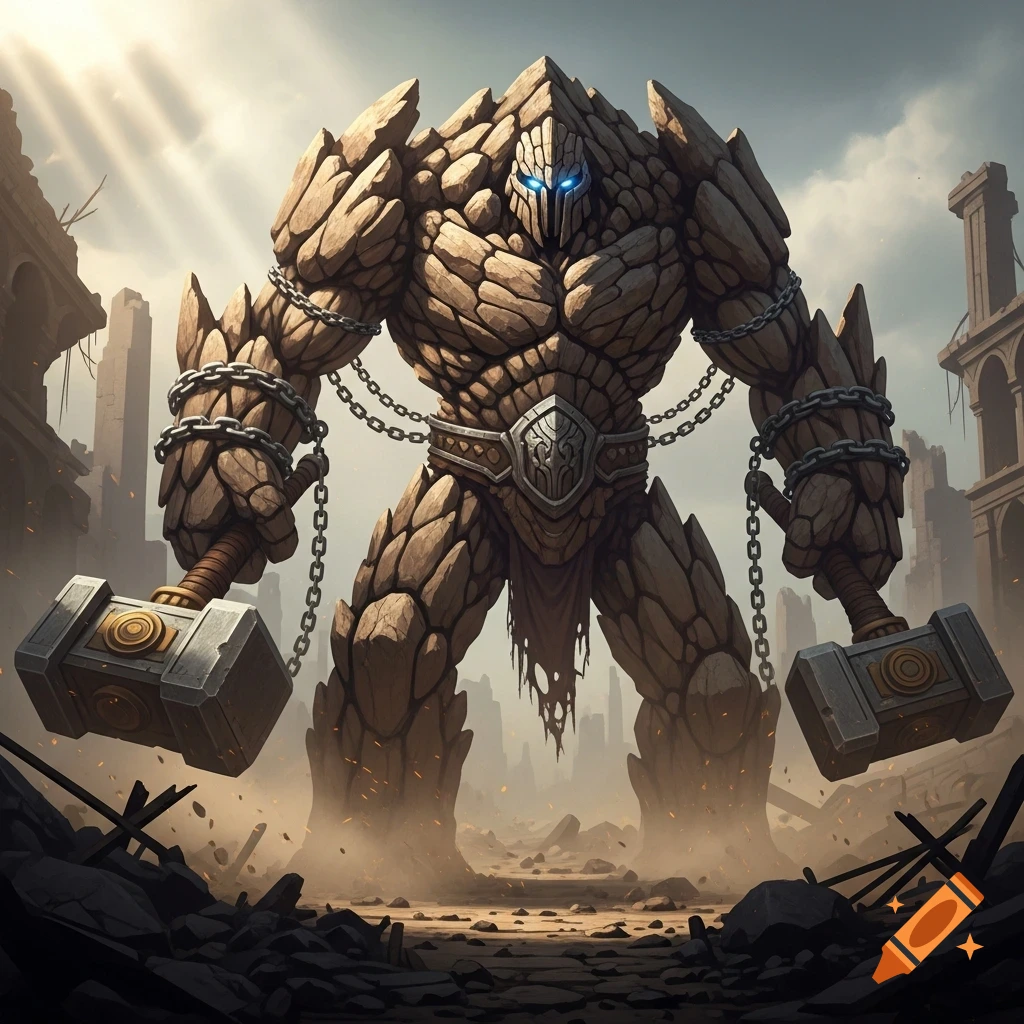 A large, formidable humanoid rock creature with glowing blue eyes ...