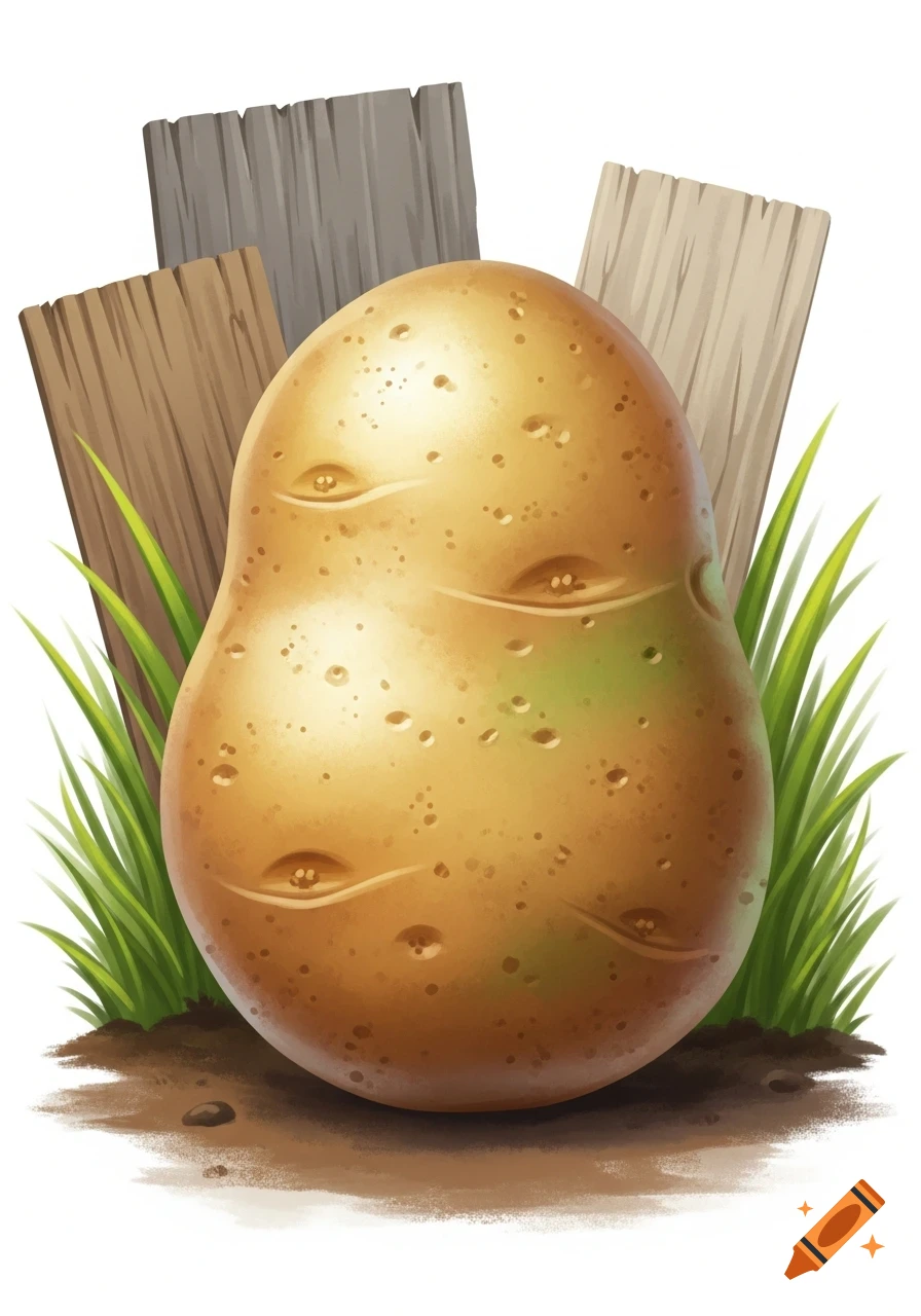 A cartoon illustration of a plump potato standing in dirt and grass with two wooden planks behind it.