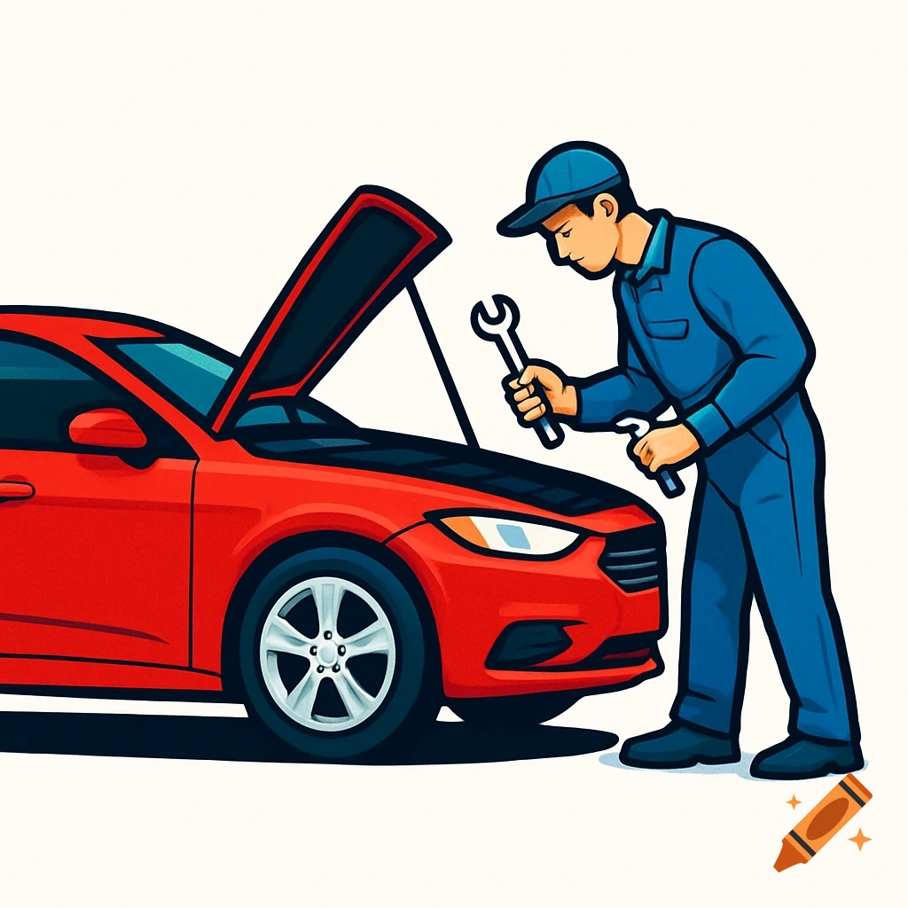 A stylized illustration of a car mechanic in a blue uniform holding a wrench, looking into the open hood of a red car against a white background.