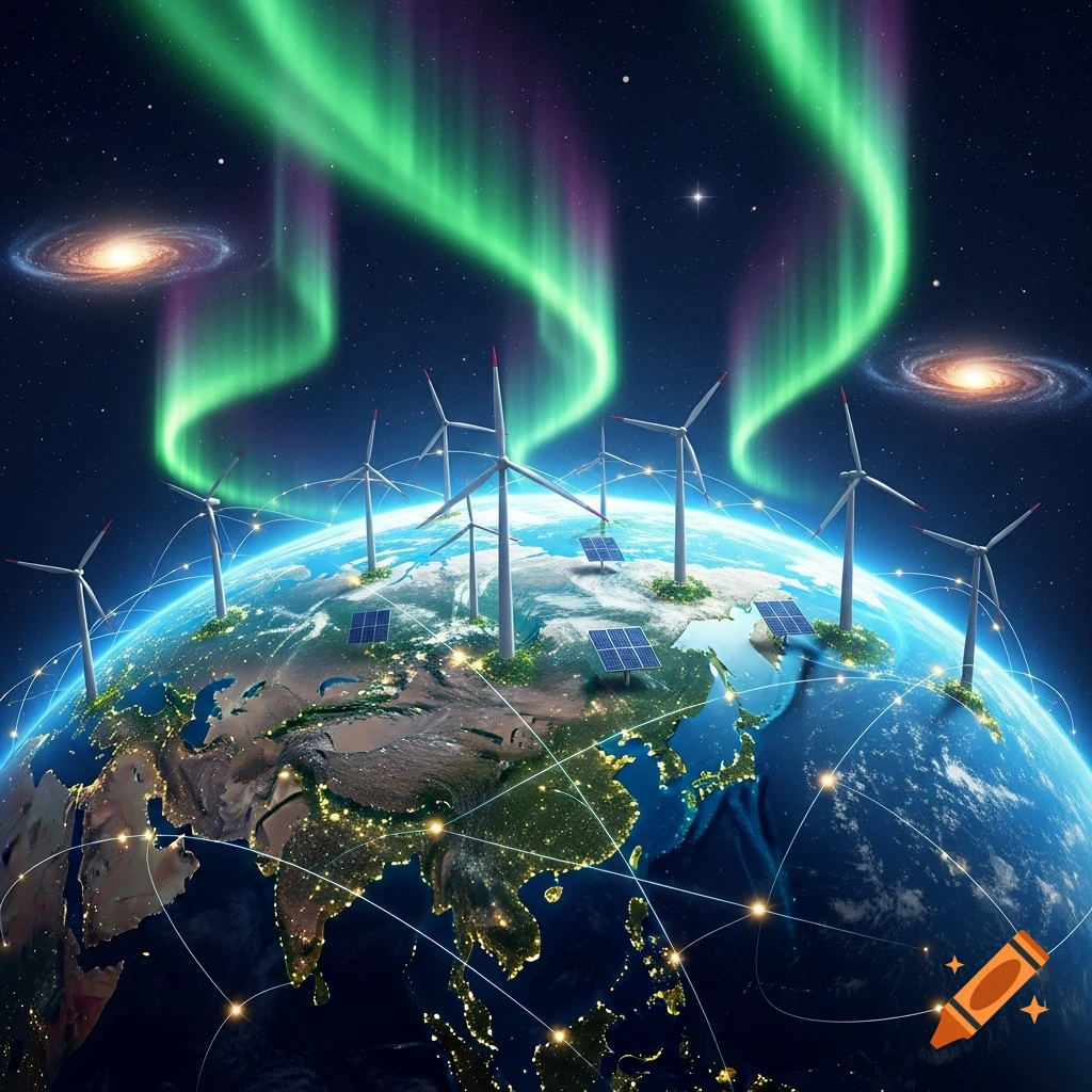 Photorealistic Earth from space with city lights, wind turbines, solar panels, and light connections, under aurora and galaxies.